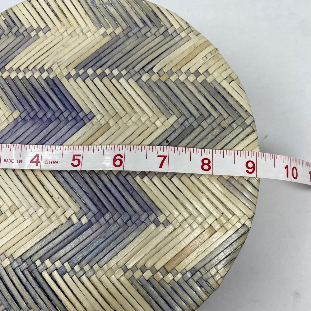 Anthropologie Woven Container Round Bamboo Lid Blue Chevron Stripe Indonesia